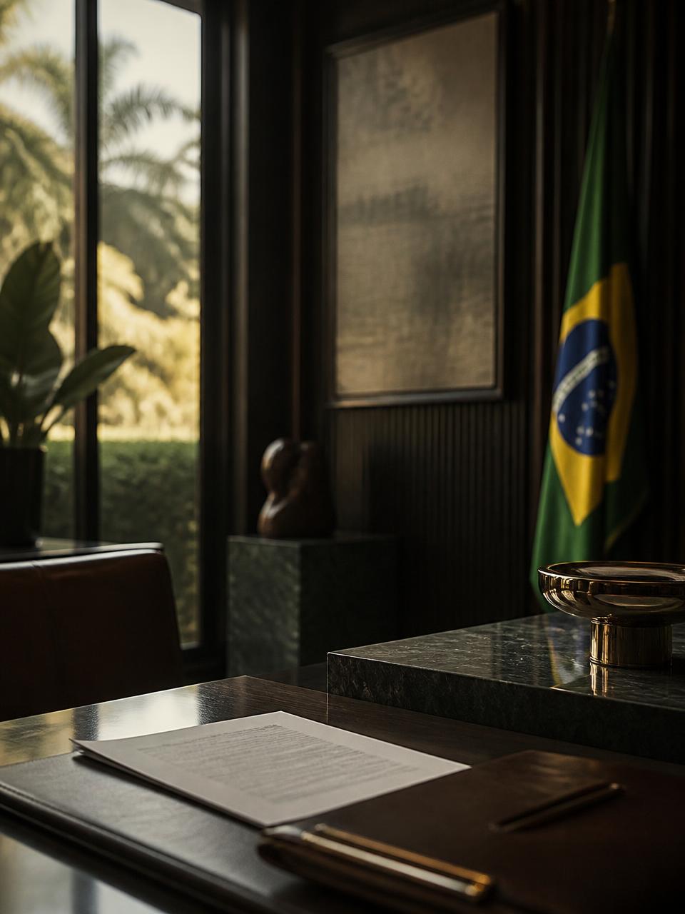 Detalhe de mesa de reunião com documentos em escritório de advocacia contemporâneo